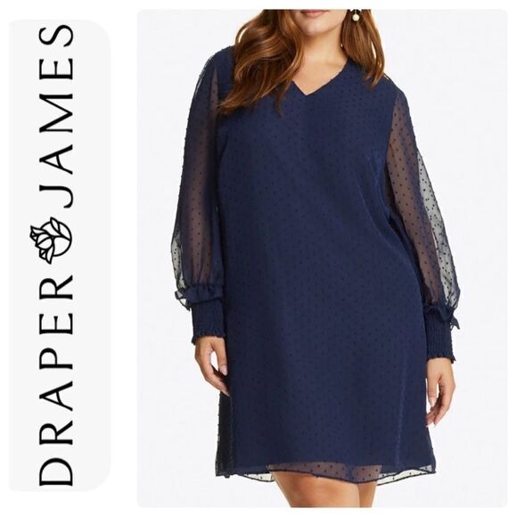 Draper James Navy Swiss Dot Sheer Elasticized‎ Sleeve Dress -- 2X - Picture 2 of 14